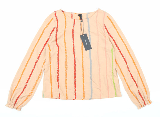 VERO MODA Womens Beige Striped Polyester Basic Blouse Size S Round Neck
