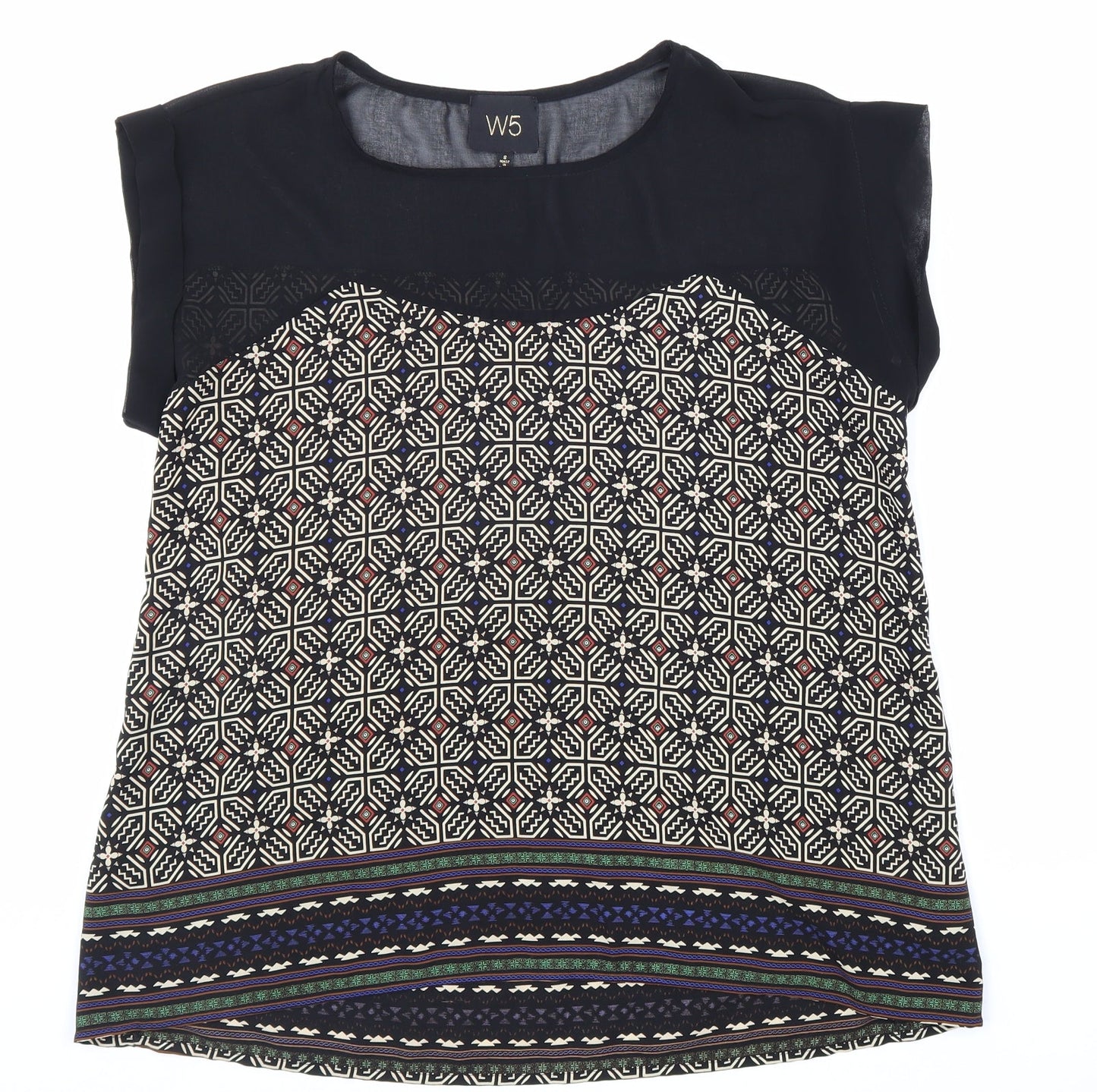 W5 Womens Black Geometric Polyester Basic Blouse Size S Boat Neck - Chiffon Detail