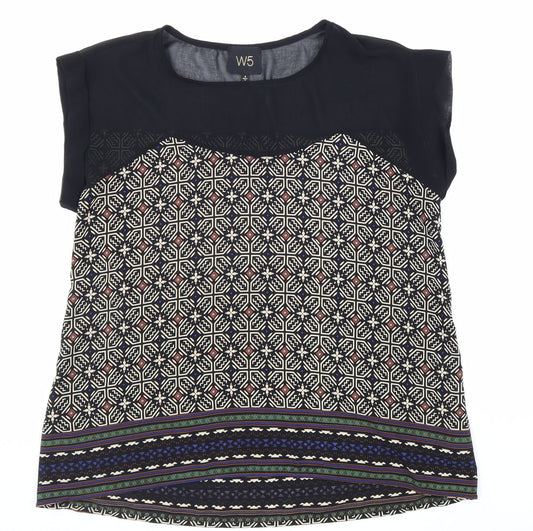 W5 Womens Black Geometric Polyester Basic Blouse Size S Boat Neck - Chiffon Detail