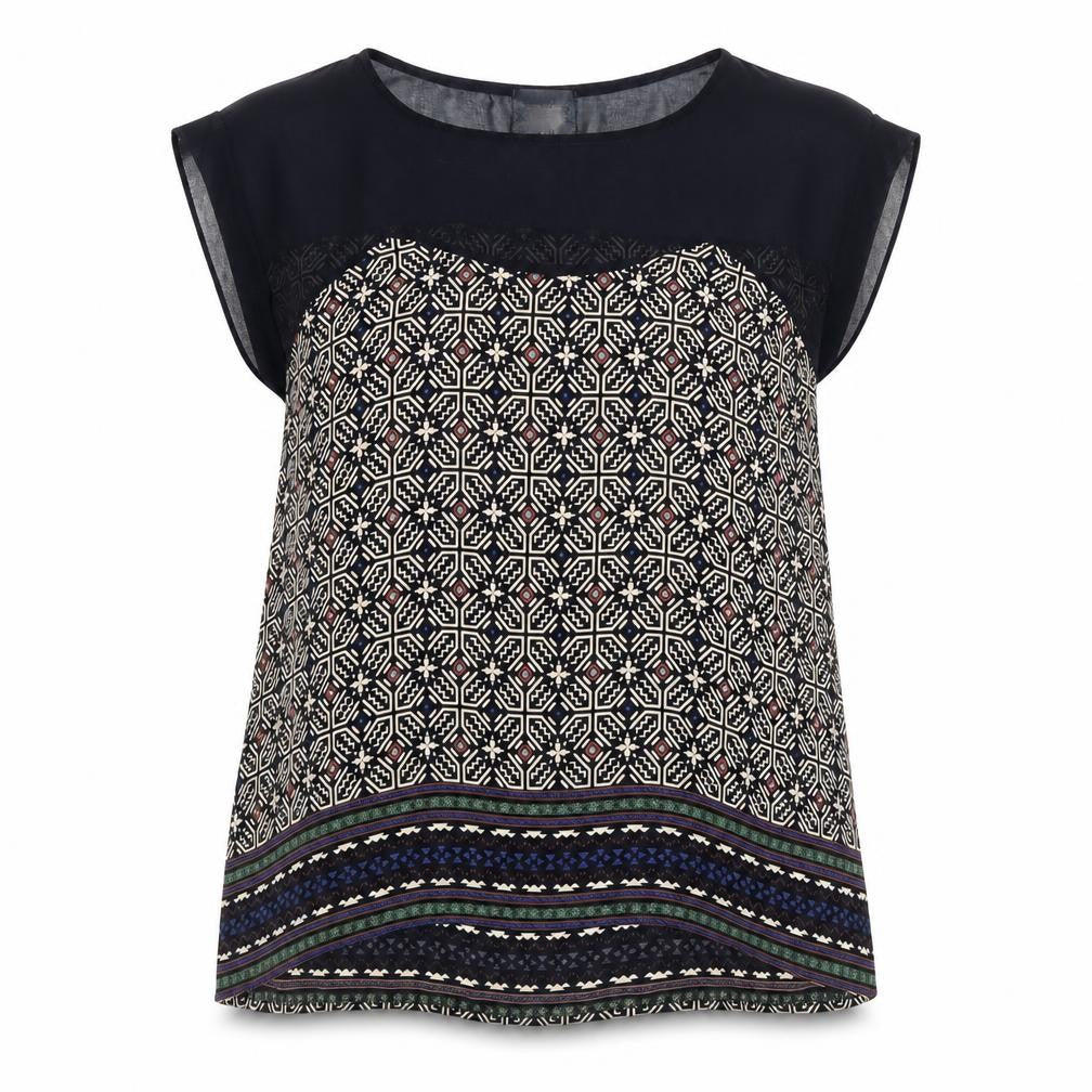 W5 Womens Black Geometric Polyester Basic Blouse Size S Boat Neck - Chiffon Detail