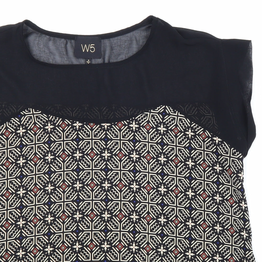 W5 Womens Black Geometric Polyester Basic Blouse Size S Boat Neck - Chiffon Detail