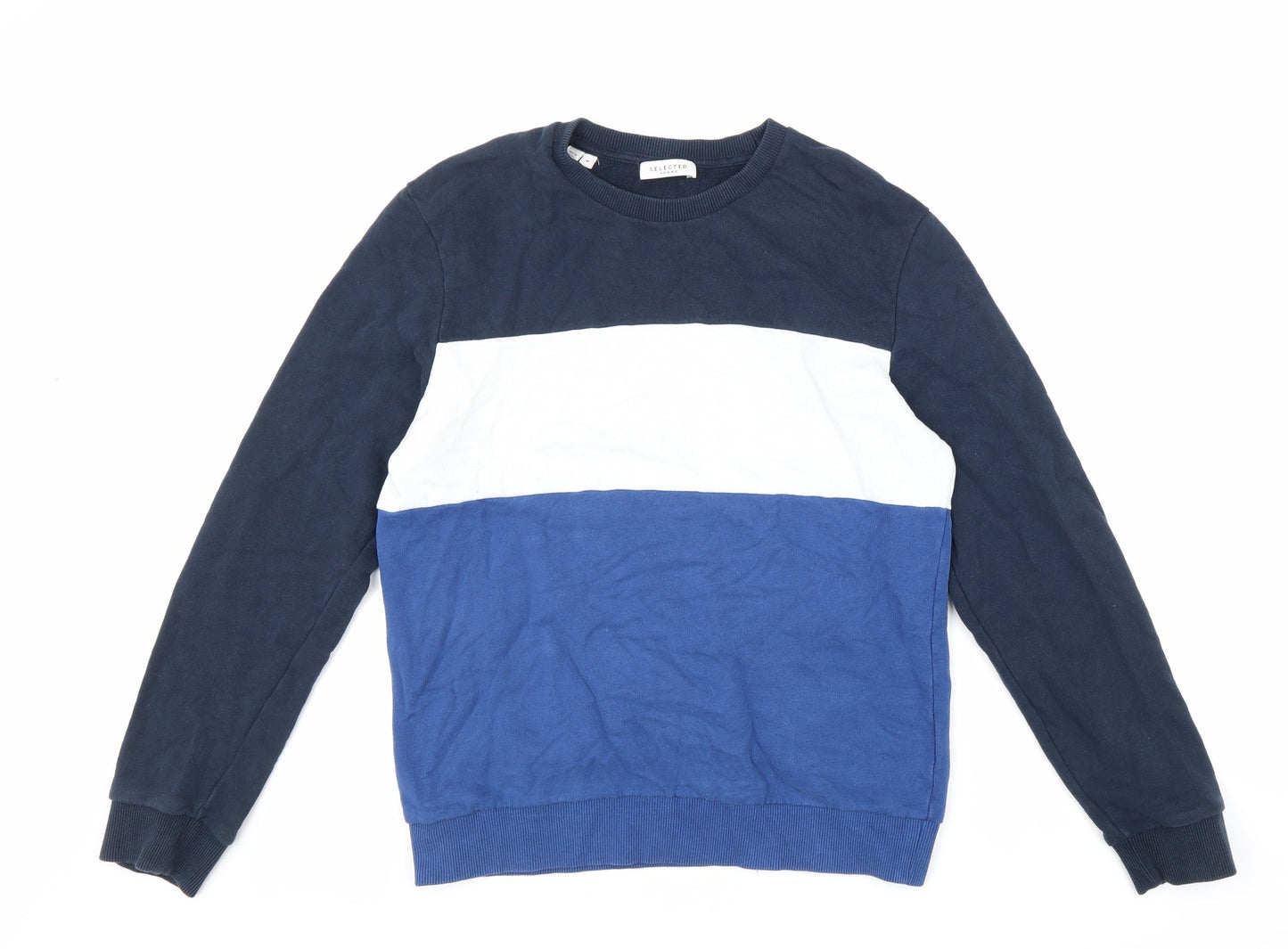 Selected Mens Blue Striped Cotton Pullover Sweatshirt Size M