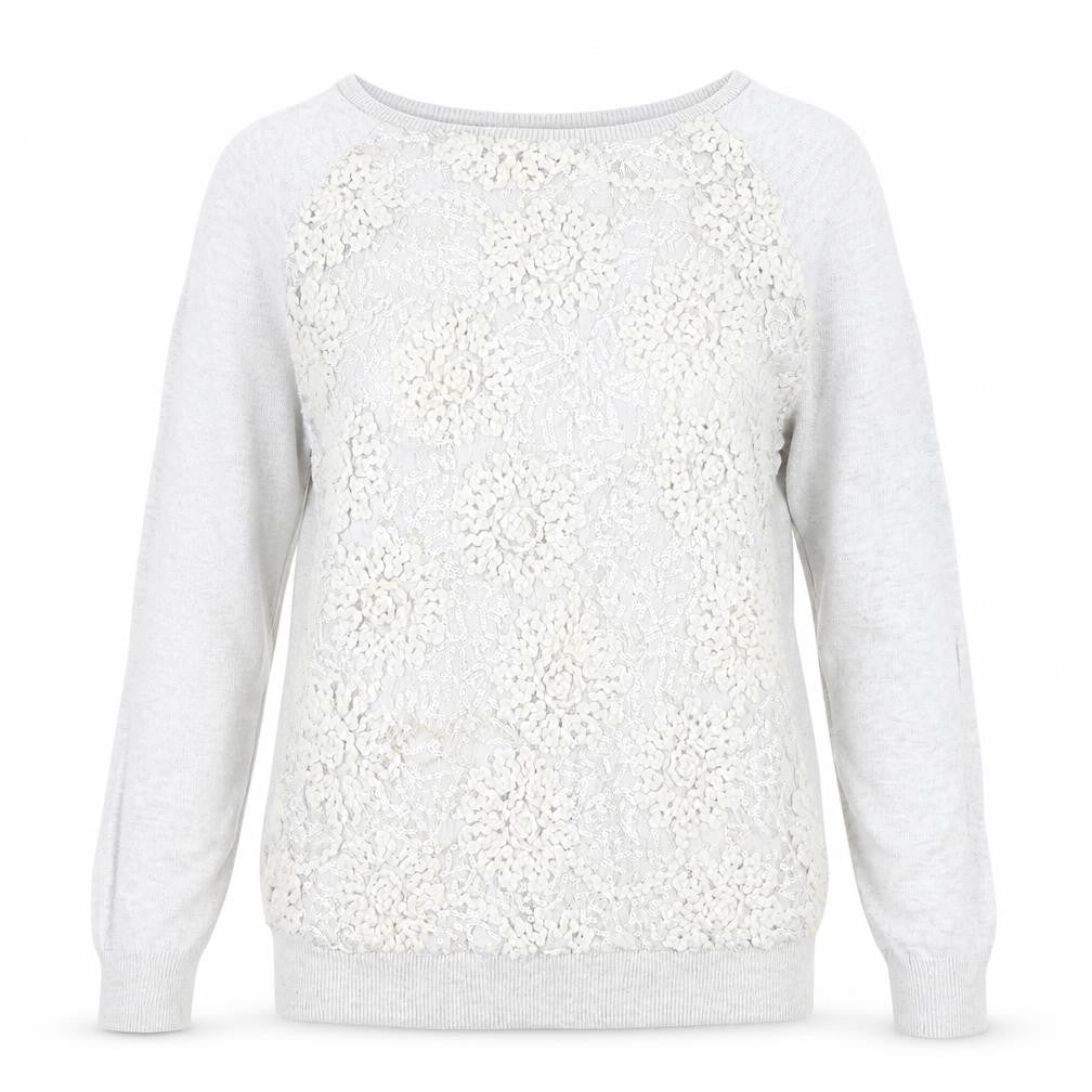 F&F Womens Grey Boat Neck Floral Cotton Pullover Jumper Size 12 - Lace Detail