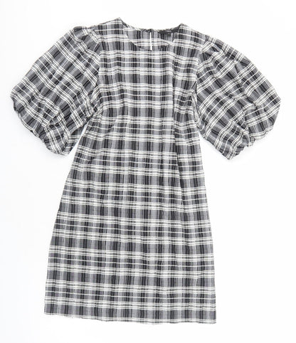 Next Womens Black Plaid Viscose Sheath Size 12 Round Neck Pullover - Voluminous Sleeves