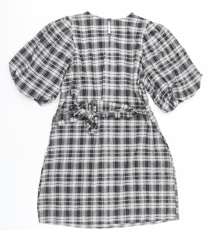 Next Womens Black Plaid Viscose Sheath Size 12 Round Neck Pullover - Voluminous Sleeves