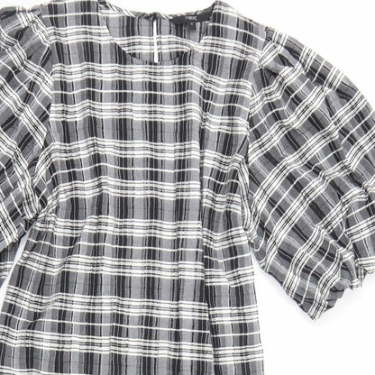 Next Womens Black Plaid Viscose Sheath Size 12 Round Neck Pullover - Voluminous Sleeves