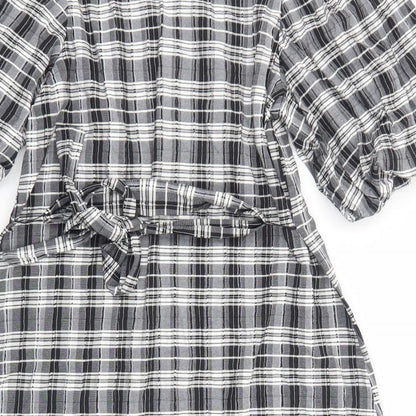 Next Womens Black Plaid Viscose Sheath Size 12 Round Neck Pullover - Voluminous Sleeves