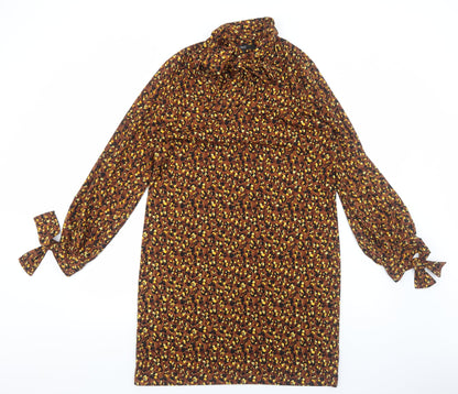 Next Womens Brown Animal Print Viscose A-Line Size 12 Mock Neck Pullover - Leopard Pattern