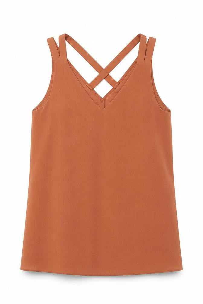 River Island Womens Orange Polyester Basic Tank Size 8 V-Neck - Cross Back Strap Detail