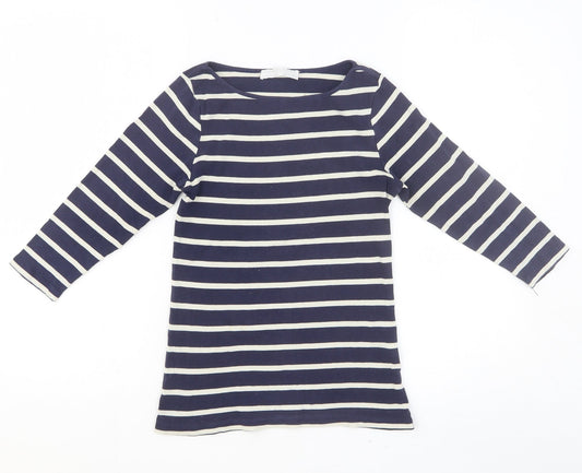 Zara Girls Blue Striped Cotton Basic Blouse Size S Boat Neck Pullover