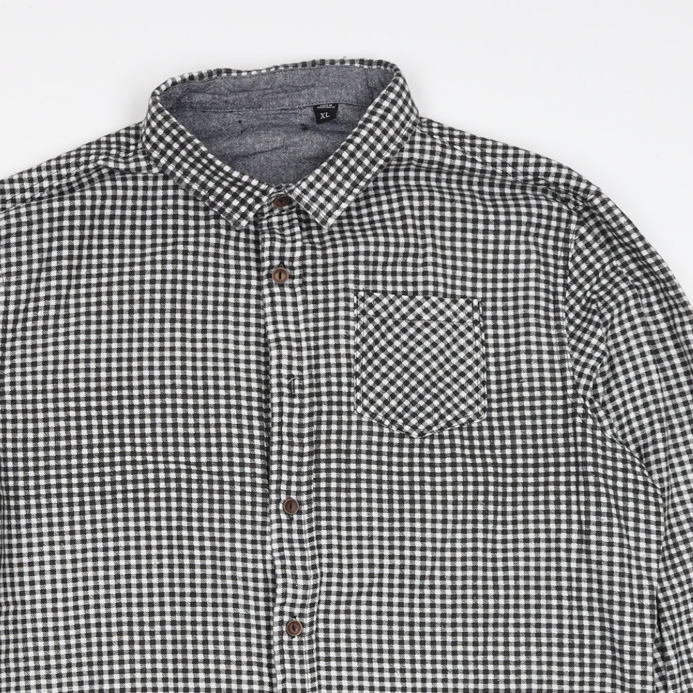 Brave Soul Mens Black Check Cotton Button-Up Size XL Collared Button
