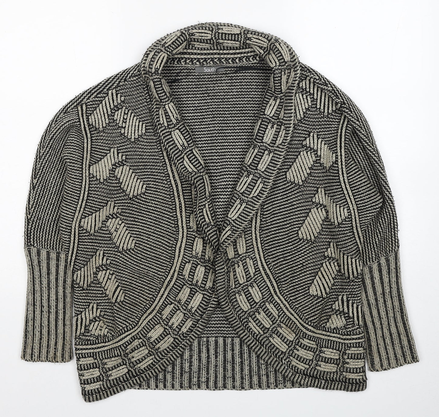 South Womens Beige V-Neck Geometric Acrylic Cardigan Jumper Size 8