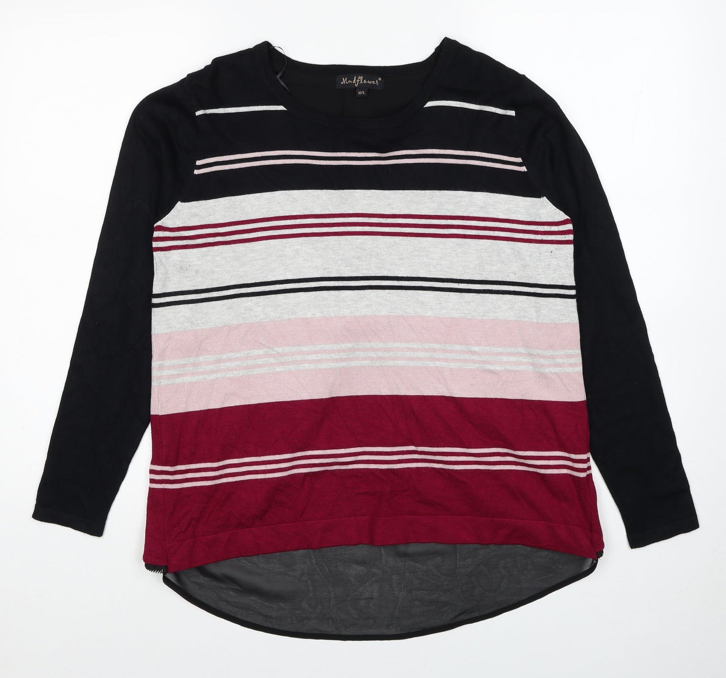 Mud Flower Womens Black Round Neck Striped Viscose Pullover Jumper Size M - Size M-L