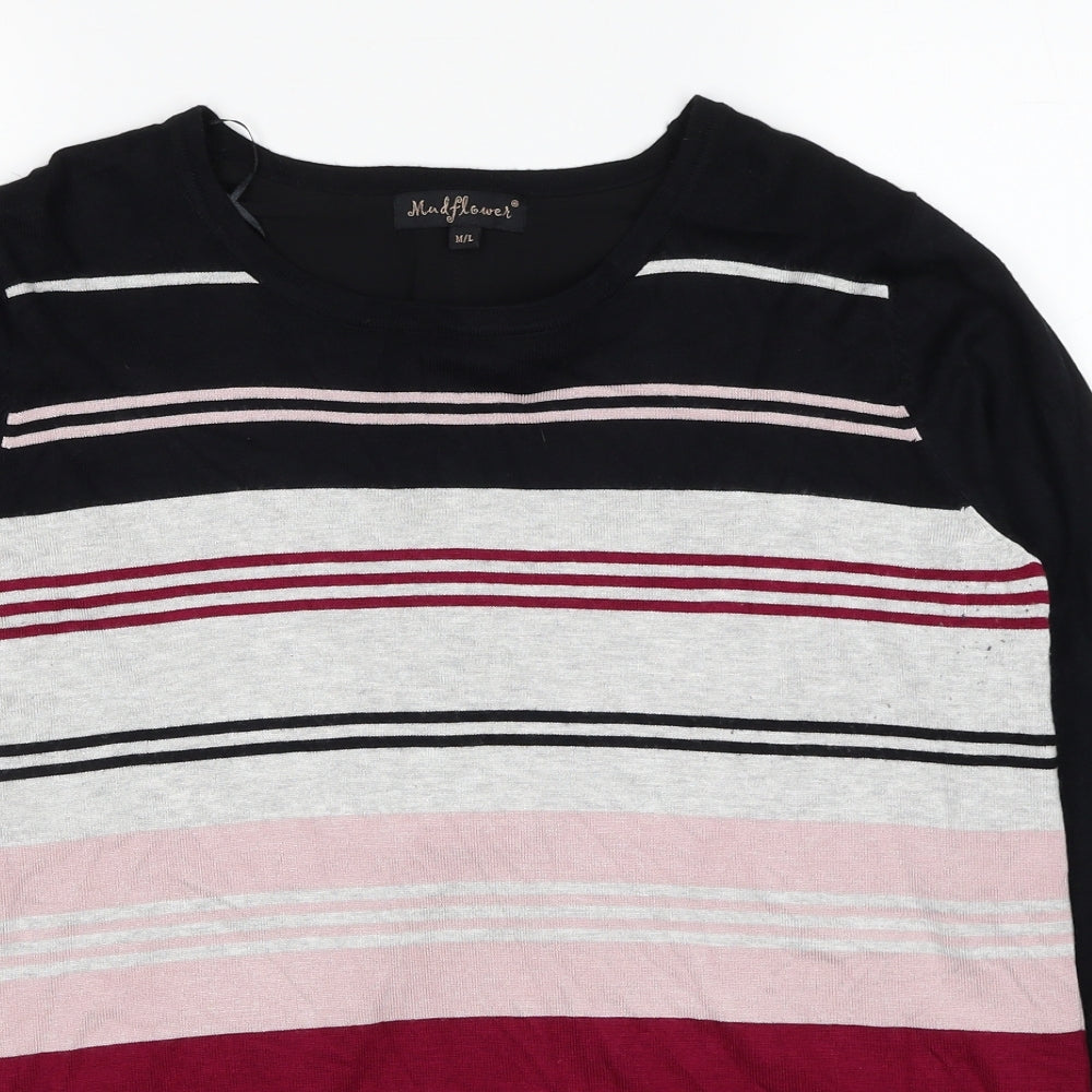 Mud Flower Womens Black Round Neck Striped Viscose Pullover Jumper Size M - Size M-L