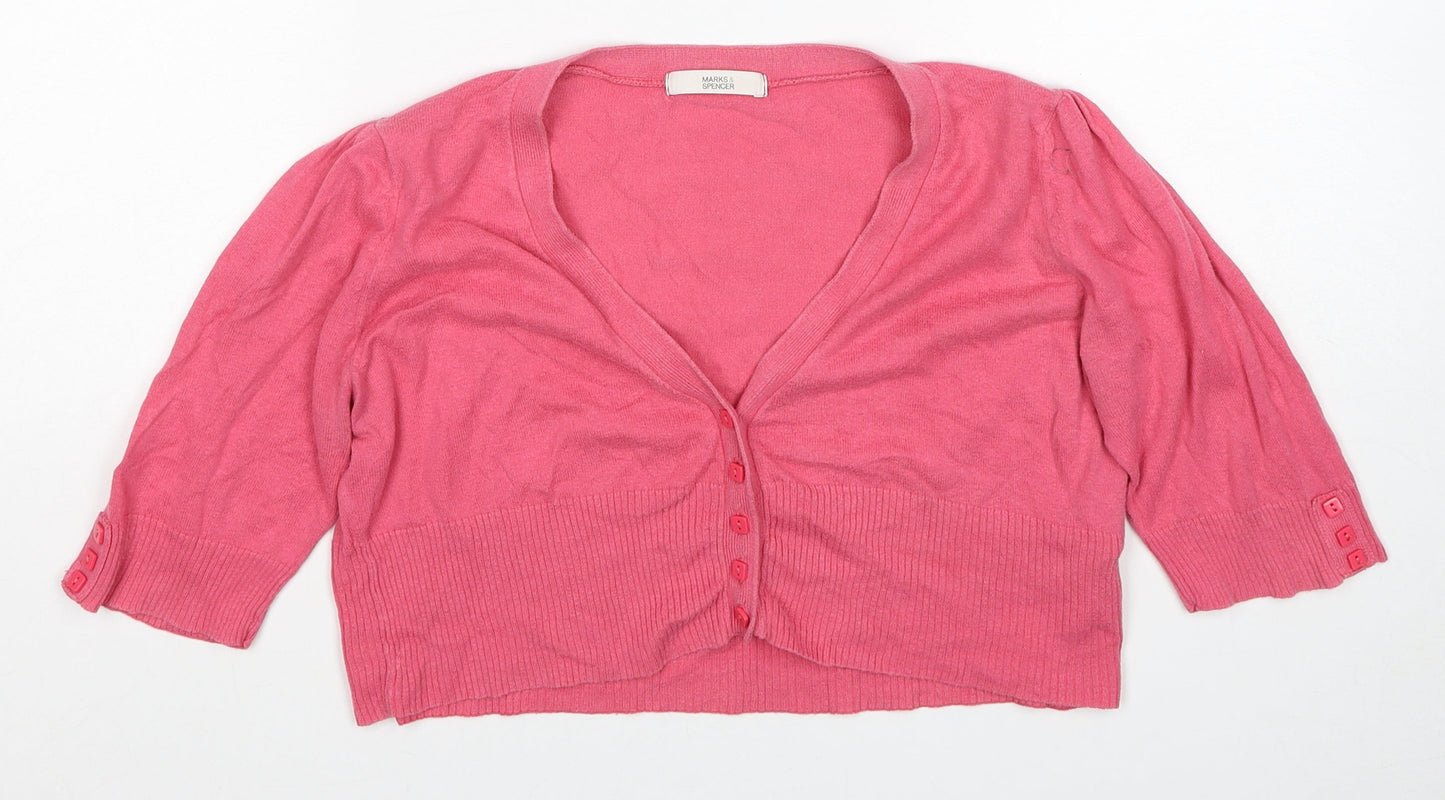 Marks and Spencer Womens Pink V-Neck Cotton Cardigan Jumper Size 12