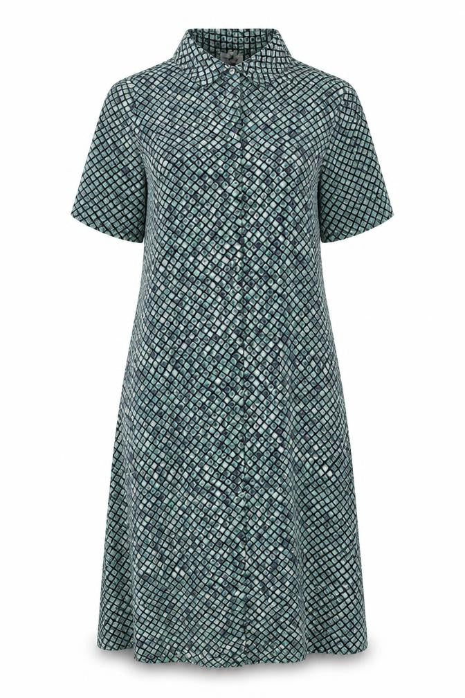 Sempre Womens Green Geometric Polyester Shirt Dress Size 10 Collared Button