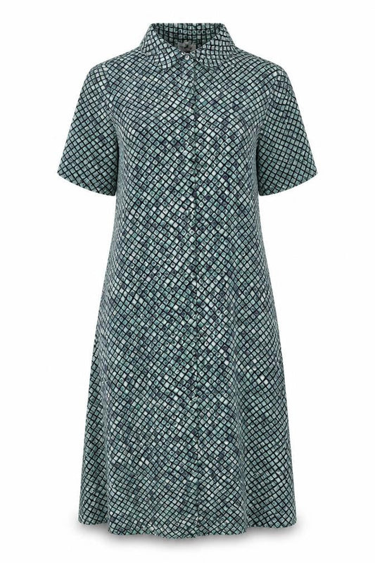 Sempre Womens Green Geometric Polyester Shirt Dress Size 10 Collared Button