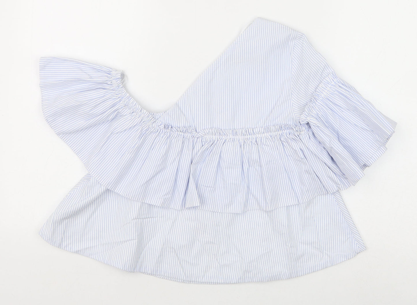 Zara Womens Blue Striped 100% Cotton Basic Blouse Size XS One Shoulder