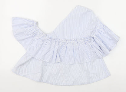 Zara Womens Blue Striped 100% Cotton Basic Blouse Size XS One Shoulder