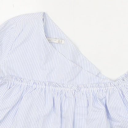 Zara Womens Blue Striped 100% Cotton Basic Blouse Size XS One Shoulder