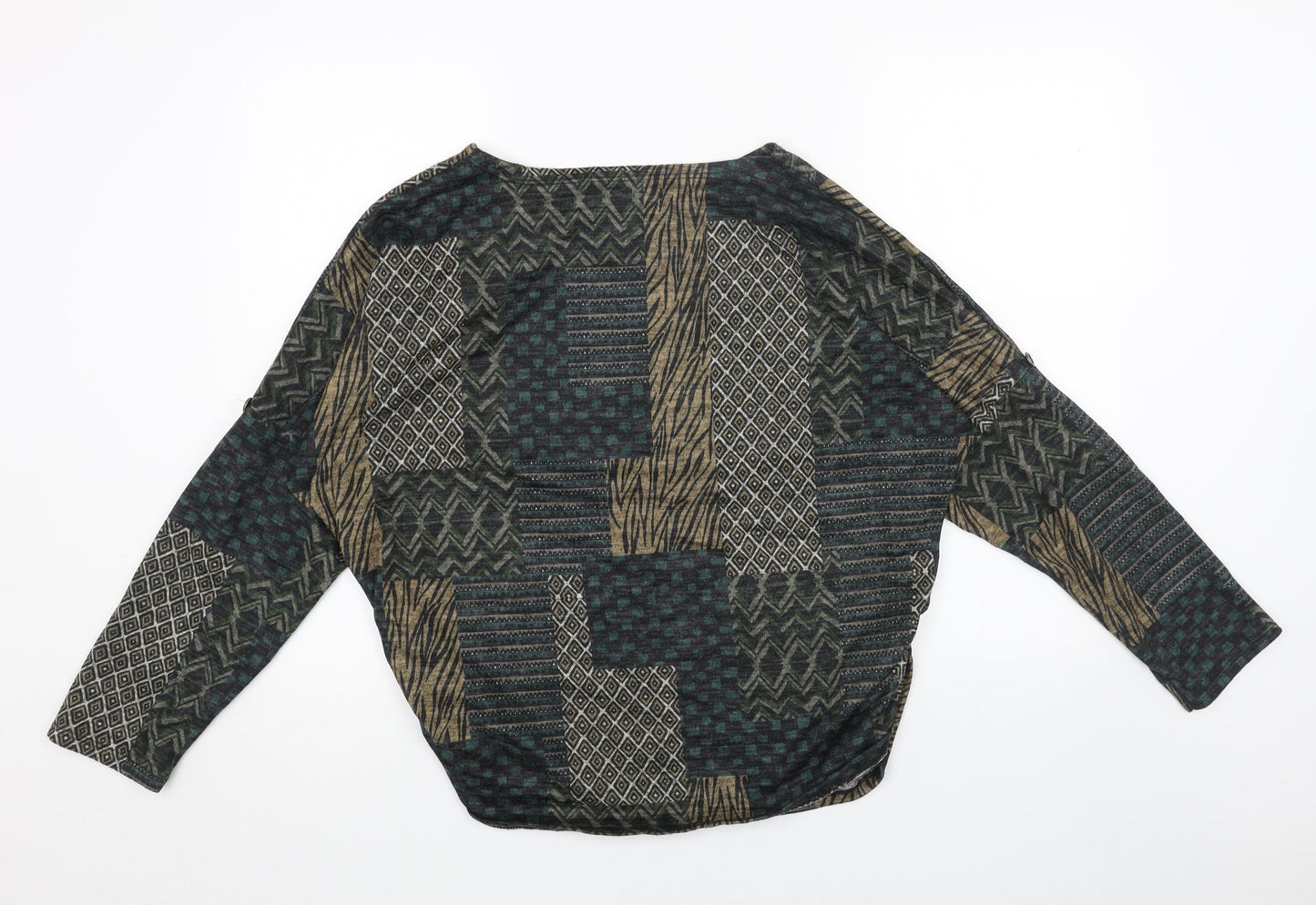 Preworn Womens Green Boat Neck Geometric Polyester Pullover Jumper Size L