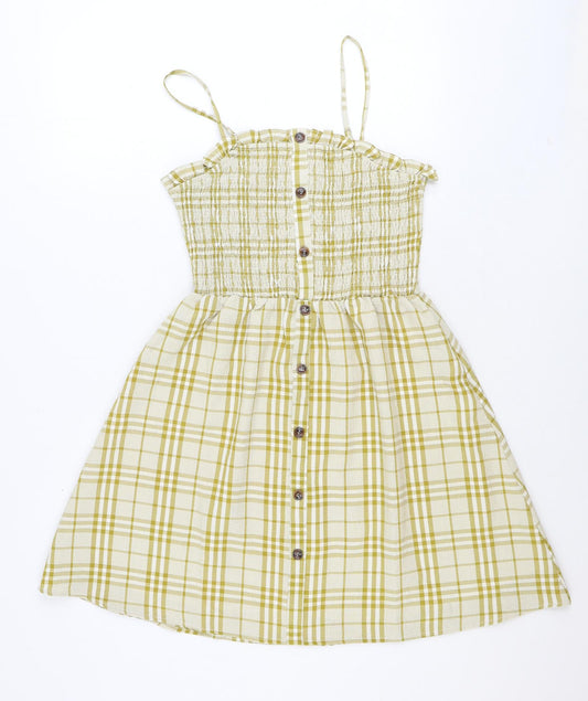 Gilli Womens Yellow Plaid Polyester Fit & Flare Size M Square Neck Pullover