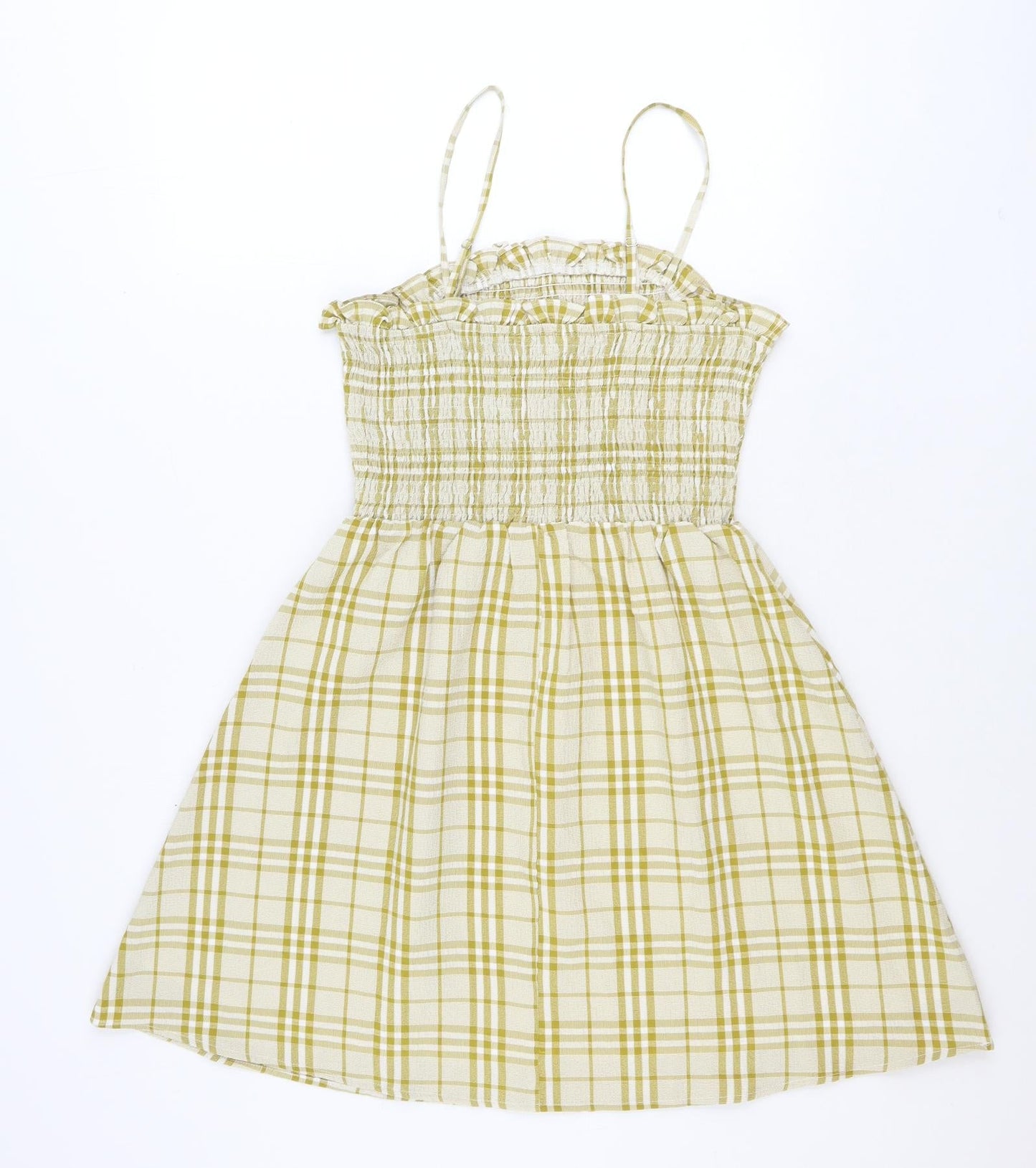 Gilli Womens Yellow Plaid Polyester Fit & Flare Size M Square Neck Pullover