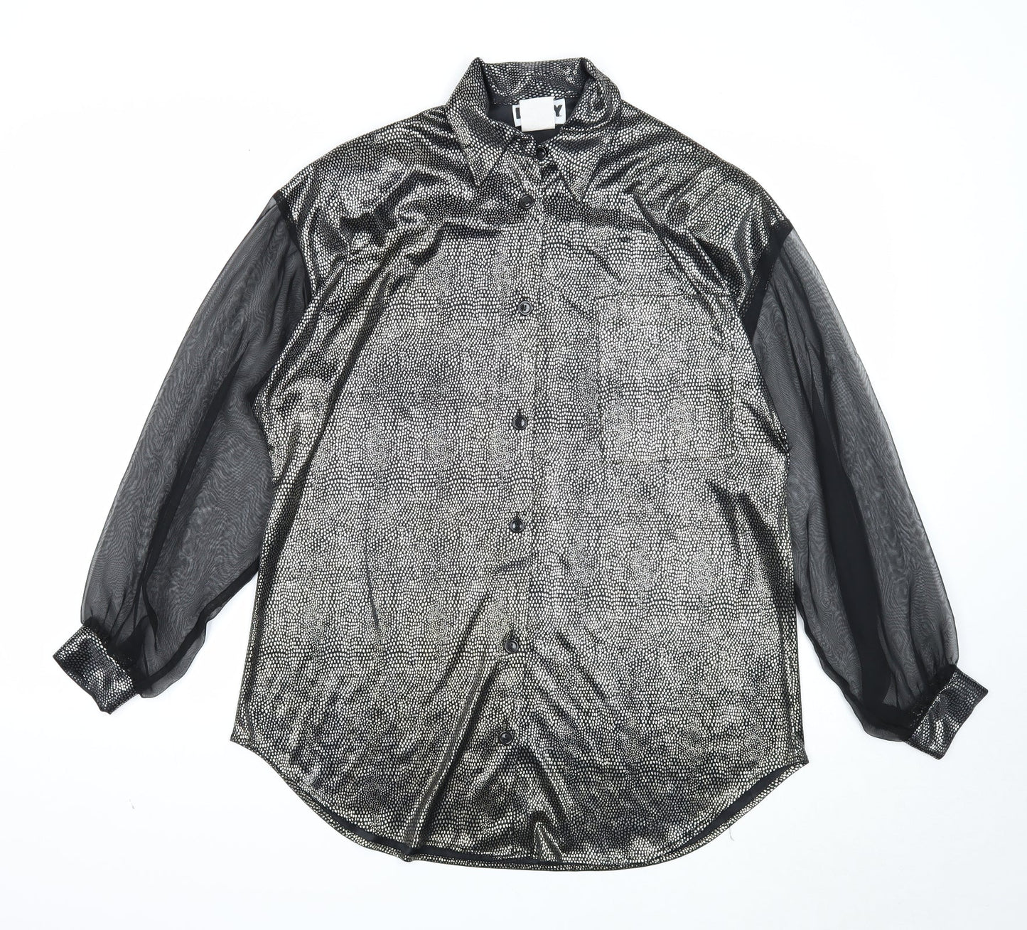 LANY Womens Black Geometric Viscose Basic Button-Up Size S V-Neck