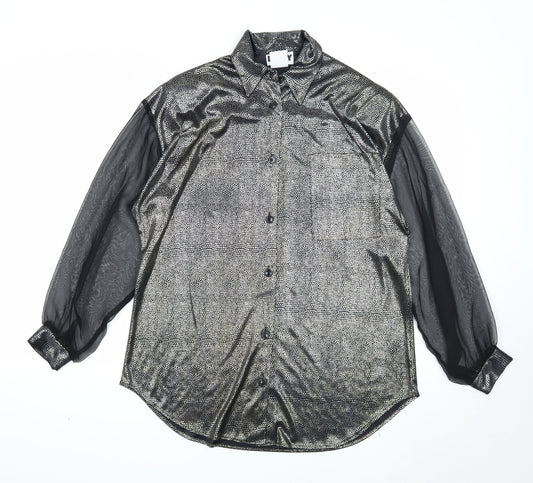 LANY Womens Black Geometric Viscose Basic Button-Up Size S V-Neck