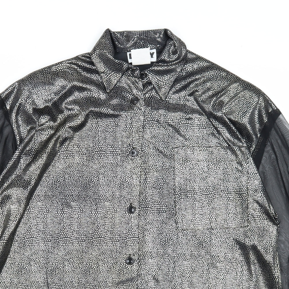 LANY Womens Black Geometric Viscose Basic Button-Up Size S V-Neck