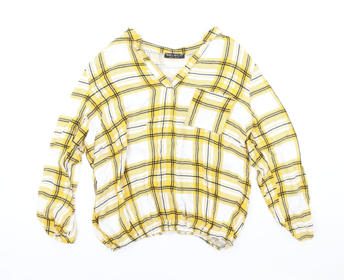 Select Womens Yellow Plaid Polyester Basic Blouse Size 16 V-Neck - Elastic Hem
