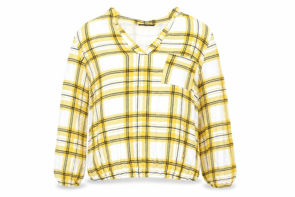 Select Womens Yellow Plaid Polyester Basic Blouse Size 16 V-Neck - Elastic Hem