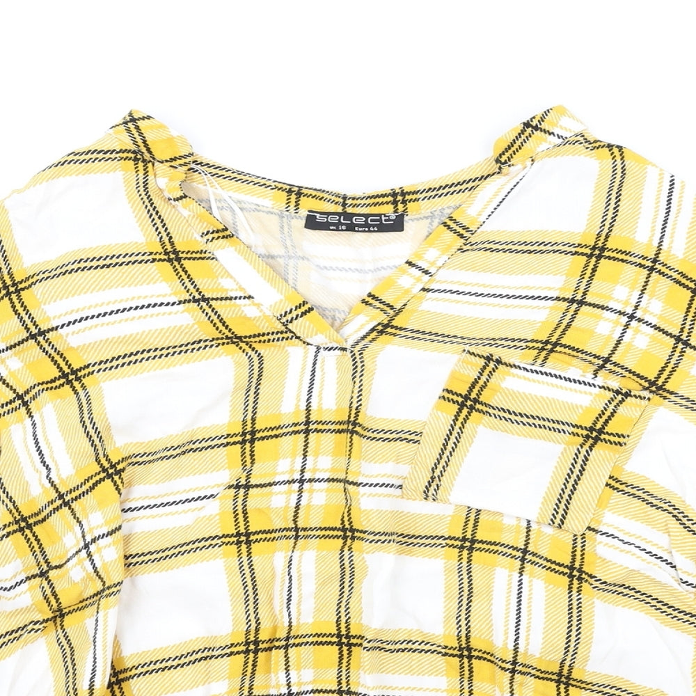 Select Womens Yellow Plaid Polyester Basic Blouse Size 16 V-Neck - Elastic Hem