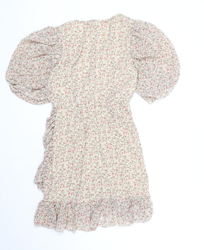 Missguided Womens Beige Floral Polyester Mini Size 8 V-Neck Zip