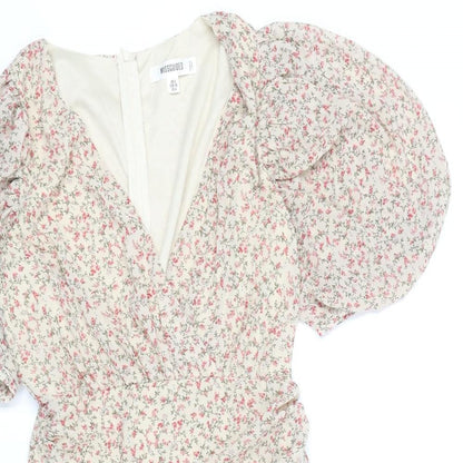 Missguided Womens Beige Floral Polyester Mini Size 8 V-Neck Zip