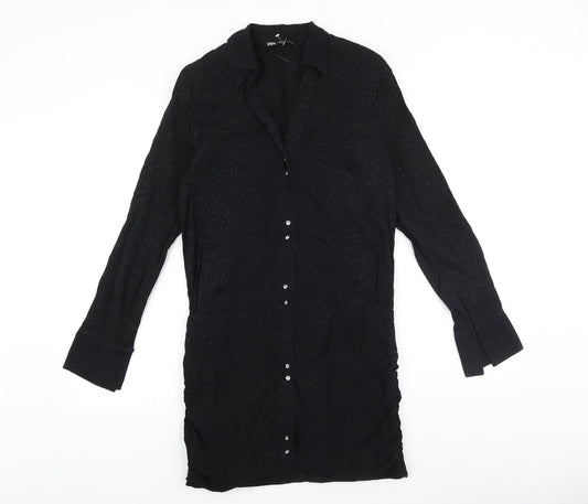Zara Womens Black Geometric Polyester Shirt Dress Size S V-Neck Button