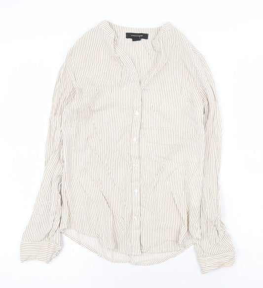 Atmosphere Womens Beige Striped Viscose Basic Blouse Size 6 V-Neck