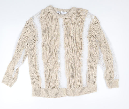 Zara Womens Beige Round Neck Striped Polyester Pullover Jumper Size S