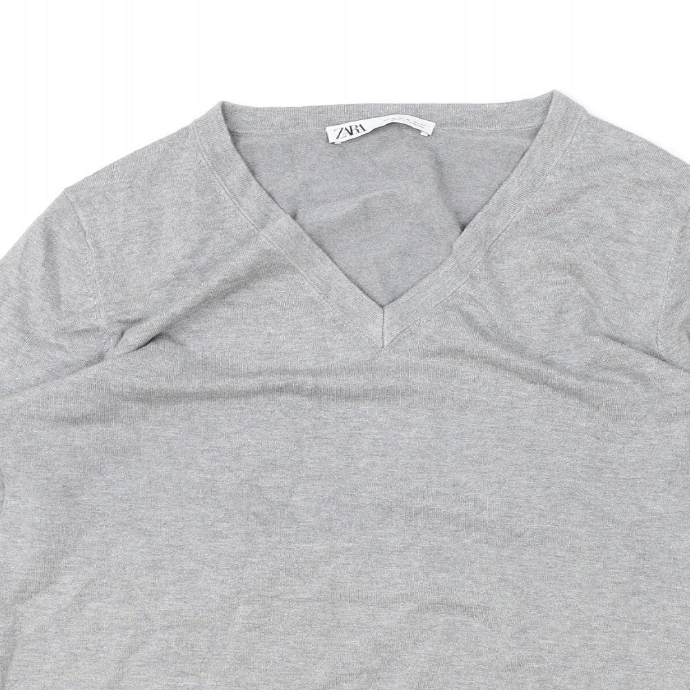 Zara Womens Grey V-Neck Acrylic Pullover Jumper Size XL