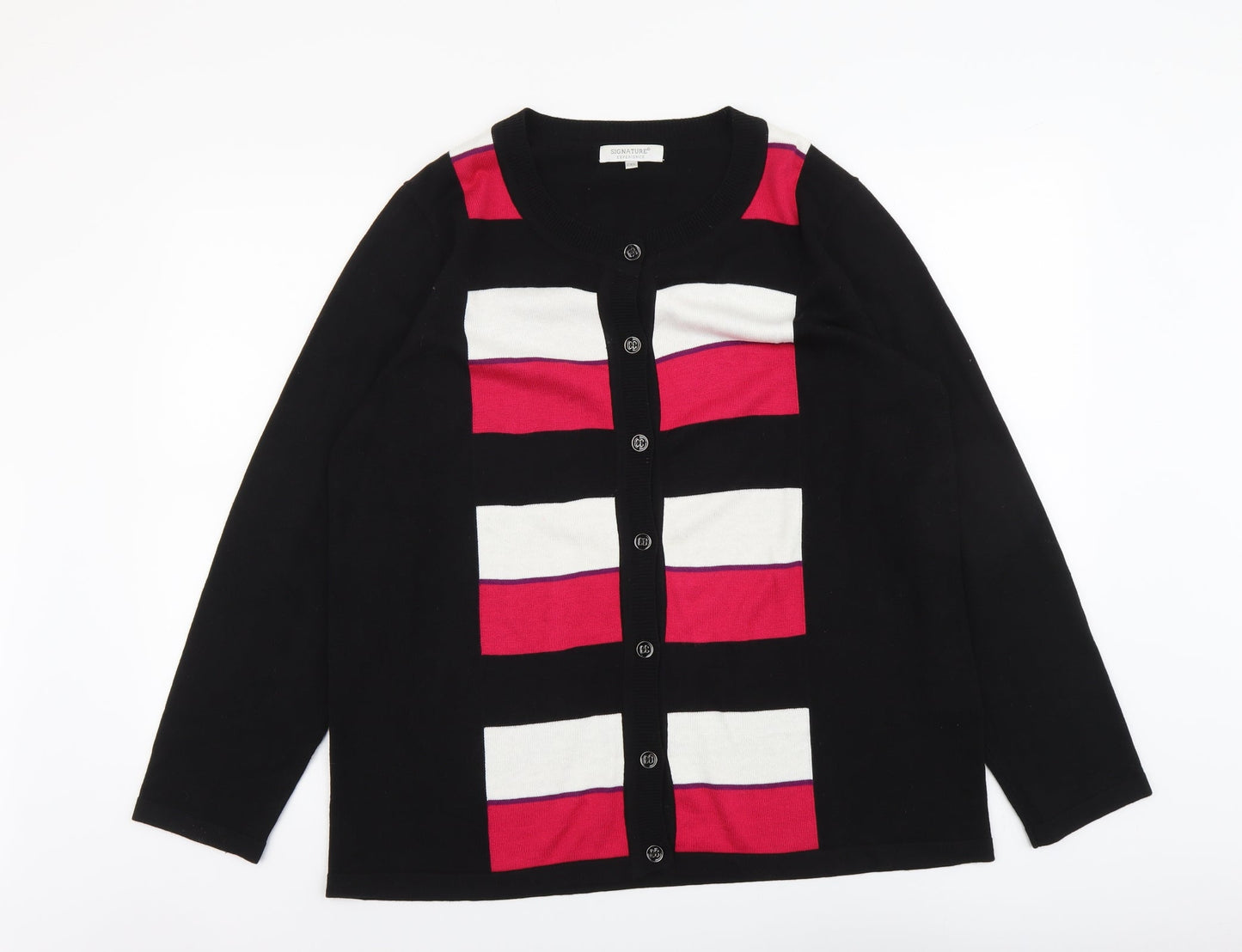 Signature Womens Black Round Neck Geometric Acrylic Cardigan Jumper Size 2XL