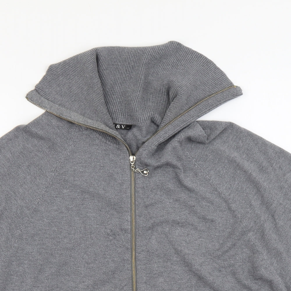 M&V Womens Grey Round Neck Acrylic Full Zip Jumper Size S - Batwing
