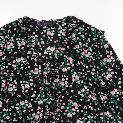 Marks & Spencer Womens Black Geometric Polyester Basic Blouse Size 8 V-Neck