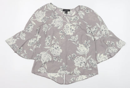Primark Womens Grey Floral Polyester Basic Blouse Size 8 Boat Neck - Flute Sleeve