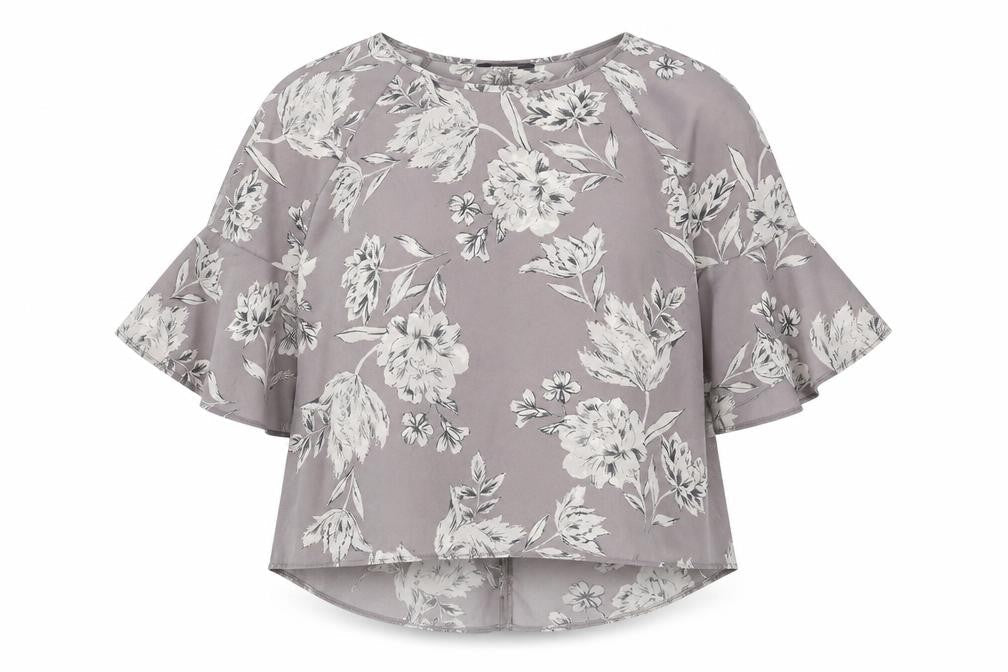 Primark Womens Grey Floral Polyester Basic Blouse Size 8 Boat Neck - Flute Sleeve