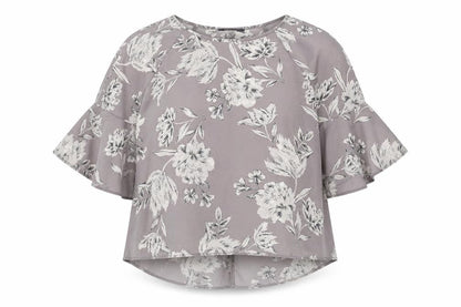 Primark Womens Grey Floral Polyester Basic Blouse Size 8 Boat Neck - Flute Sleeve