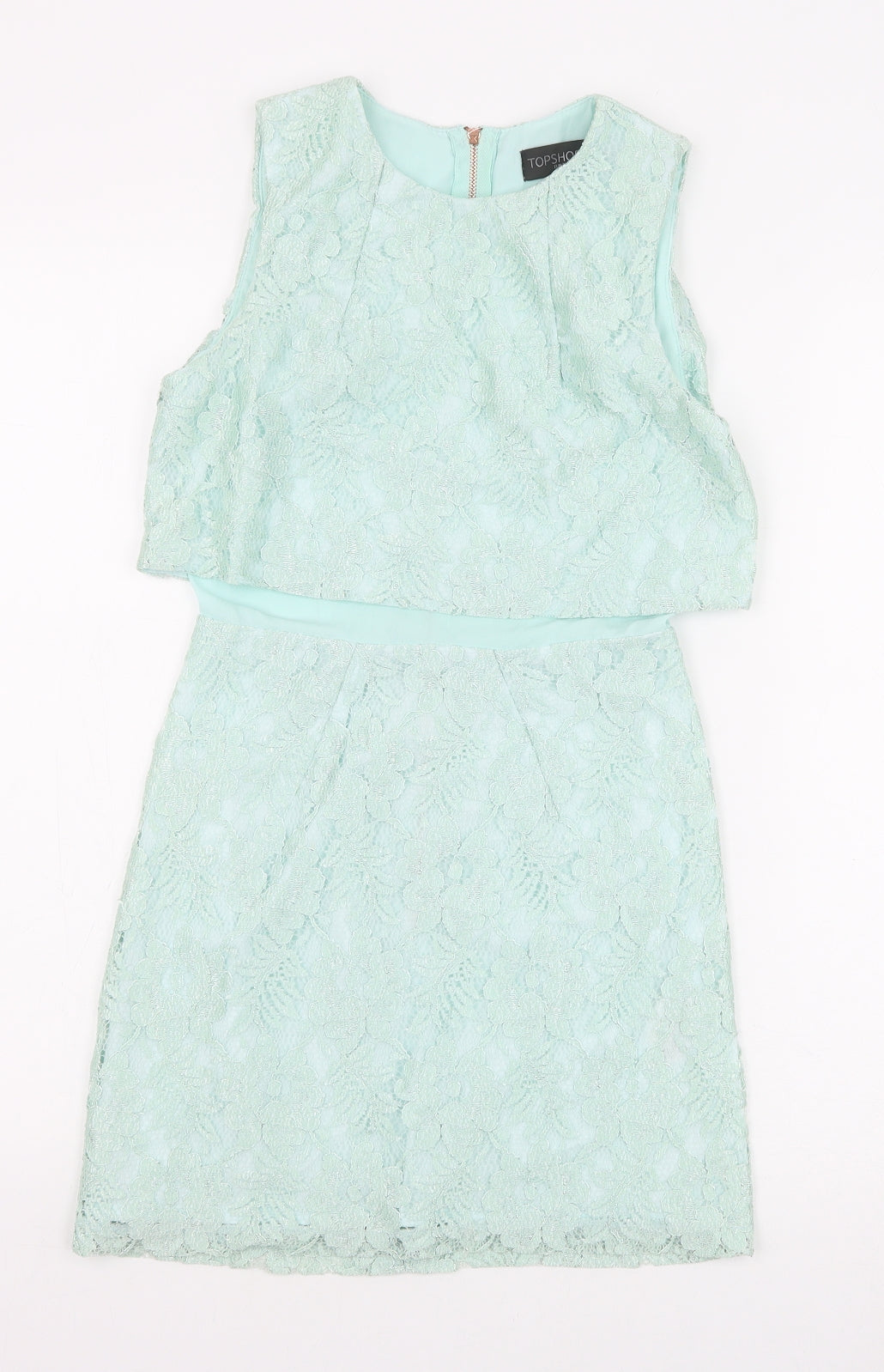 Topshop Womens Green Polyester Mini Size 4 Boat Neck Zip