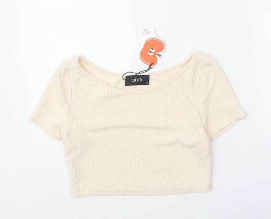 Cider Womens Beige Polyester Cropped T-Shirt Size M Boat Neck