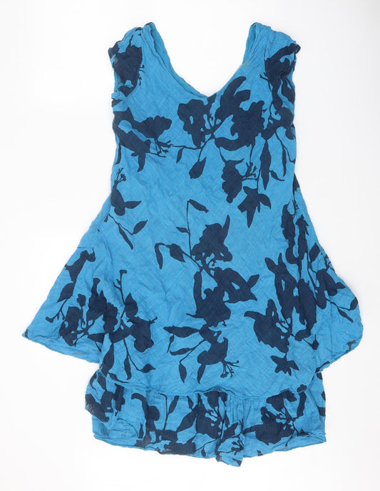 Colette Womens Blue Geometric Linen A-Line One Size V-Neck Pullover