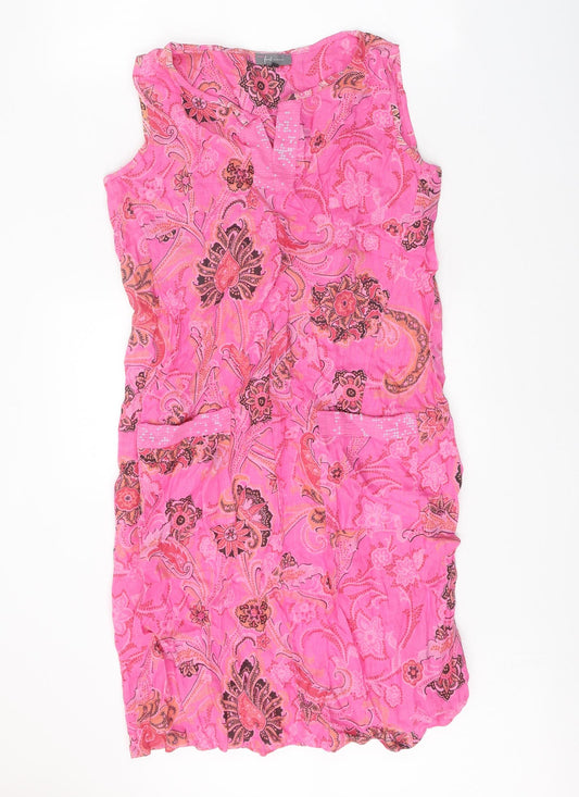 First Avenue Womens Pink Geometric Linen Tank Dress Size S V-Neck Pullover