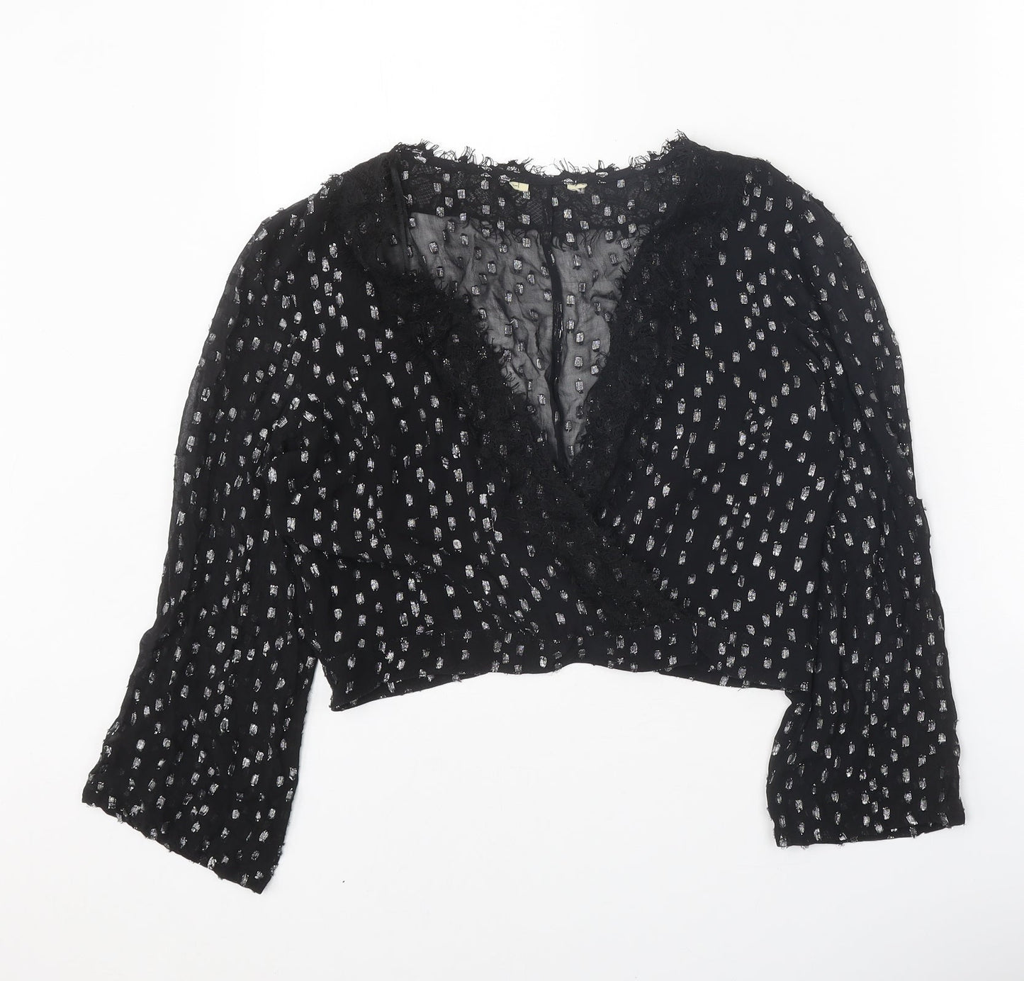 Preworn Womens Black Geometric Viscose Basic Blouse Size 10 V-Neck